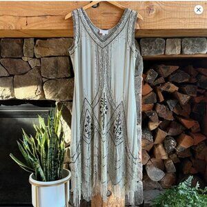 Unique Vintage | ART DECO | Silver / Gray | beaded dress | M | Real Bead Fringe!